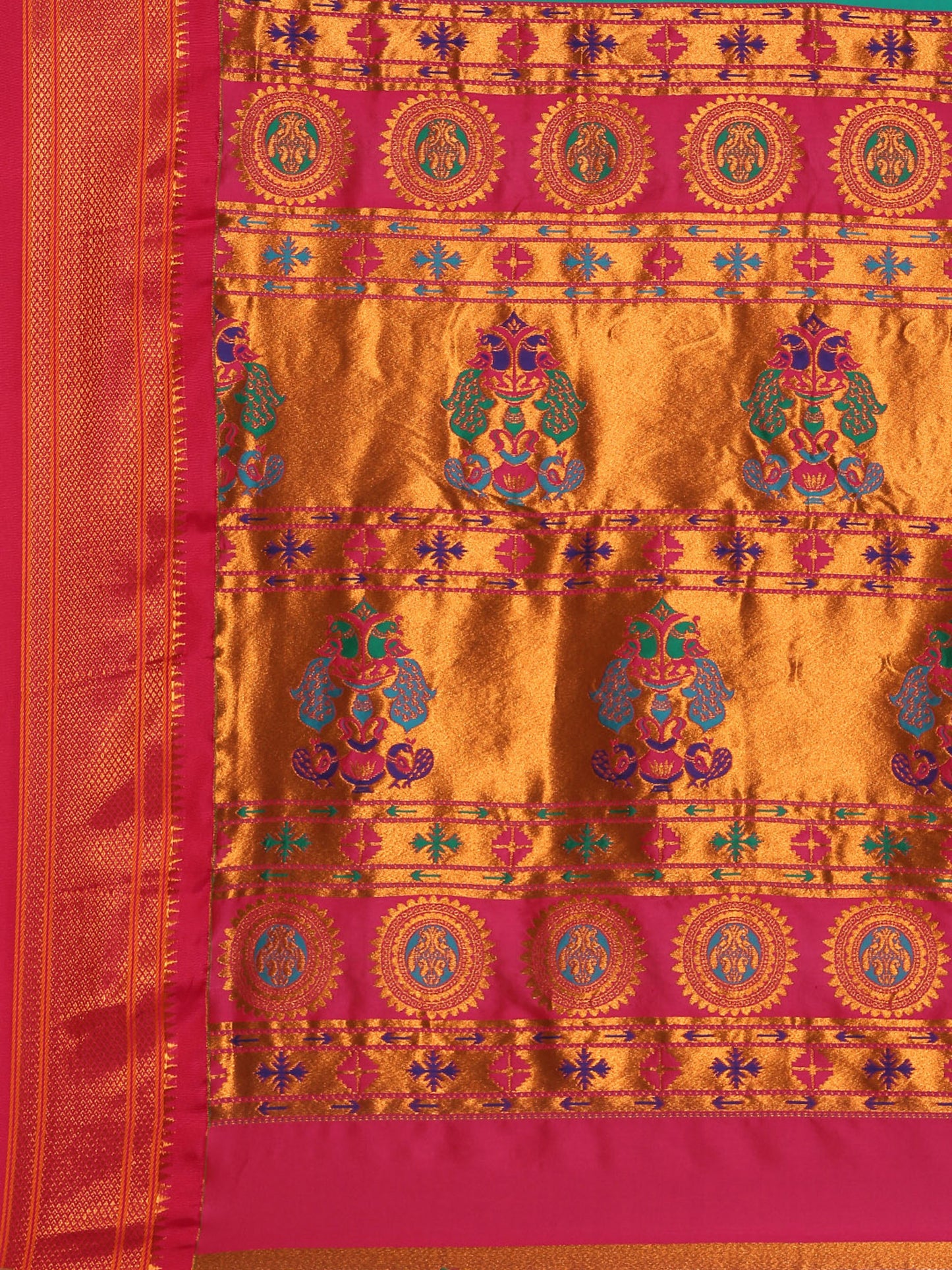 Mukta Sea Green & Pink Soft Silk Kadiyal Maharani Paithani Saree