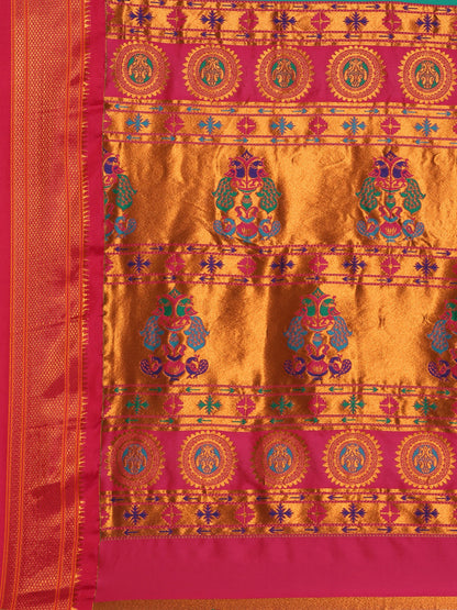 Mukta Sea Green & Pink Soft Silk Kadiyal Maharani Paithani Saree