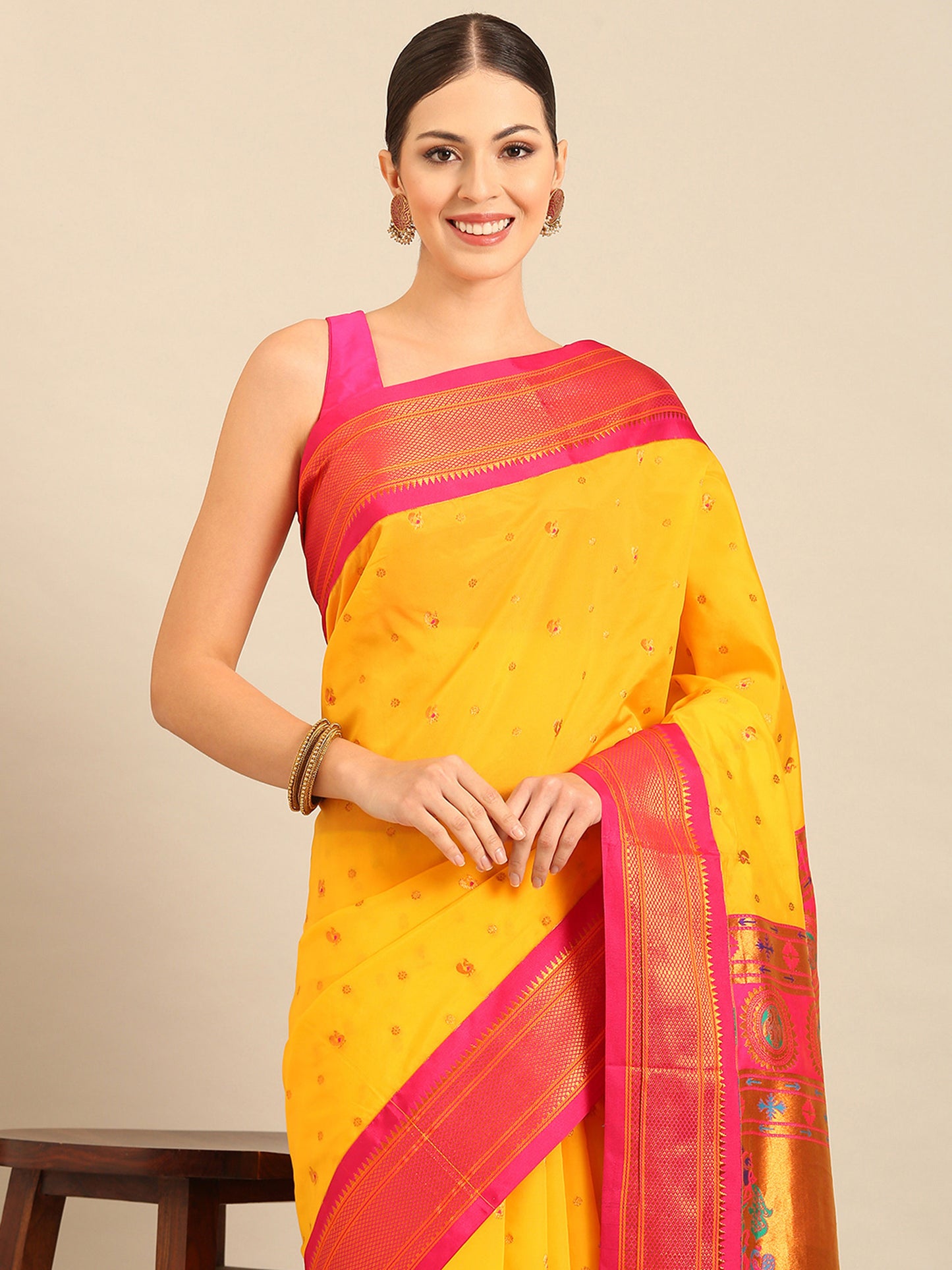 Mukta Haldi & Pink Soft Silk Kadiyal Maharani Paithani Saree