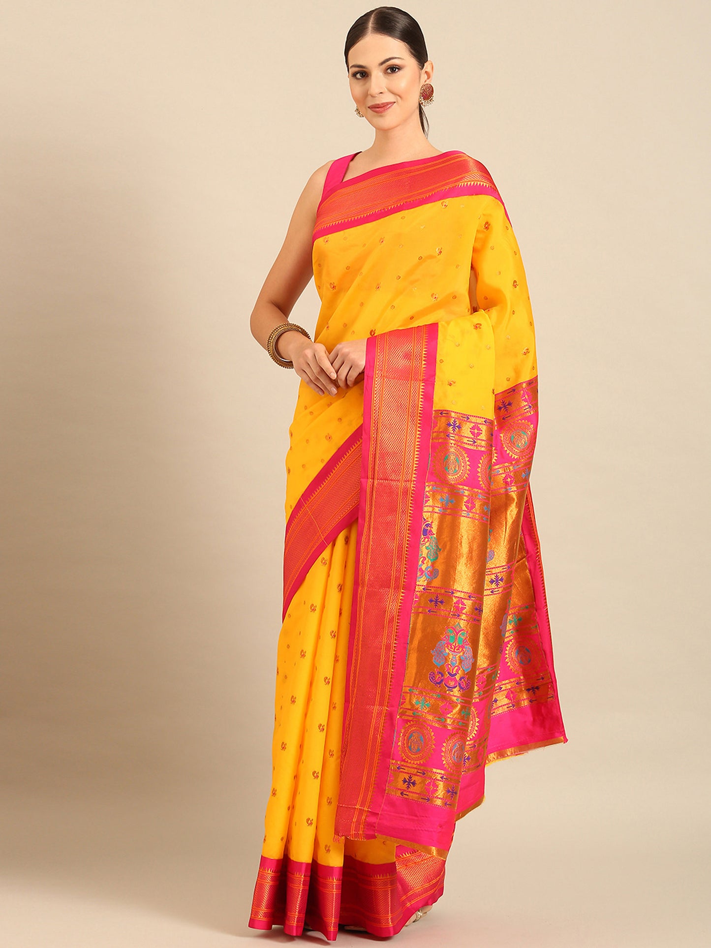 Mukta Haldi & Pink Soft Silk Kadiyal Maharani Paithani Saree