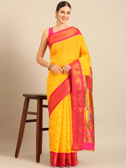 Mukta Haldi & Pink Soft Silk Kadiyal Maharani Paithani Saree