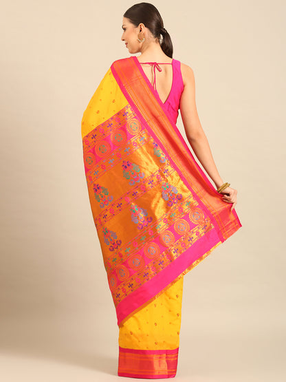 Mukta Haldi & Pink Soft Silk Kadiyal Maharani Paithani Saree