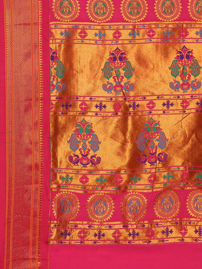 Mukta Haldi & Pink Soft Silk Kadiyal Maharani Paithani Saree