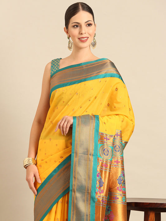 Mukta Haldi & Rama Soft Silk Kadiyal Maharani Paithani Saree