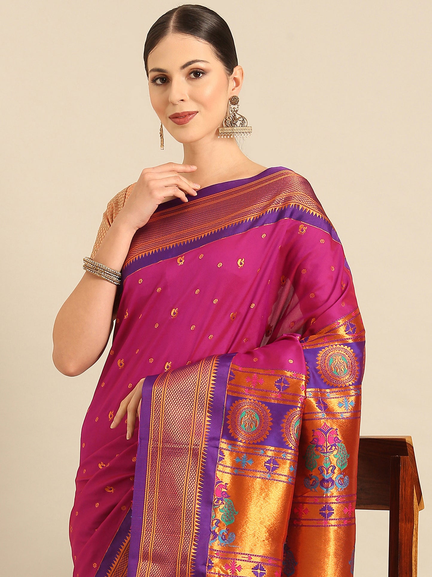 Mukta Magenta & Violet Soft Silk Kadiyal Maharani Paithani Saree