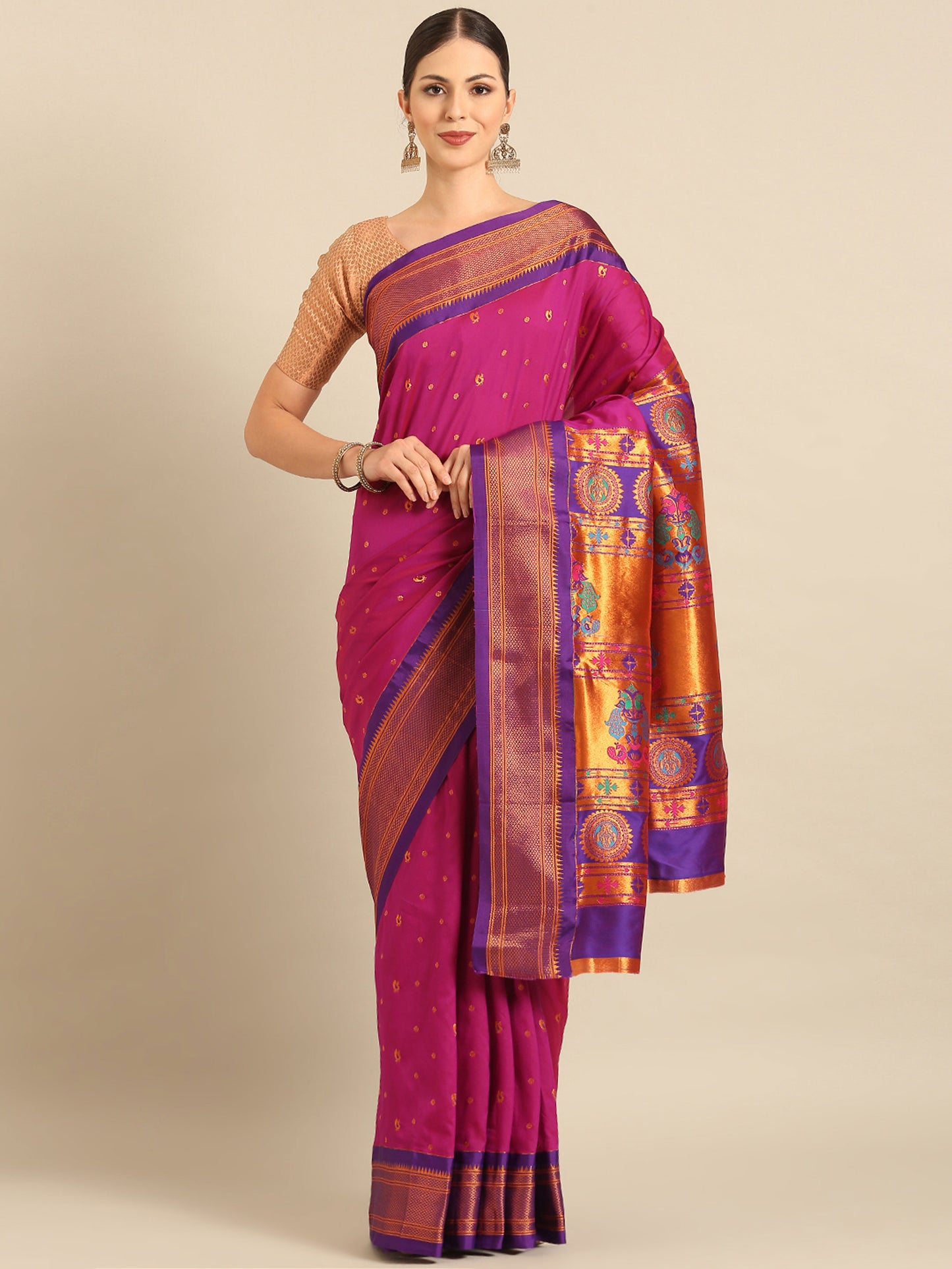 Mukta Magenta & Violet Soft Silk Kadiyal Maharani Paithani Saree