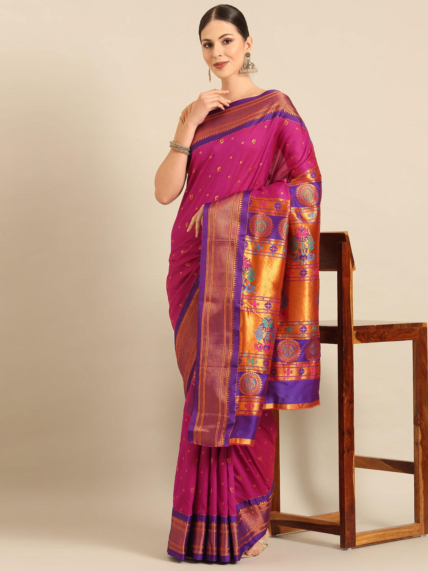 Mukta Magenta & Violet Soft Silk Kadiyal Maharani Paithani Saree