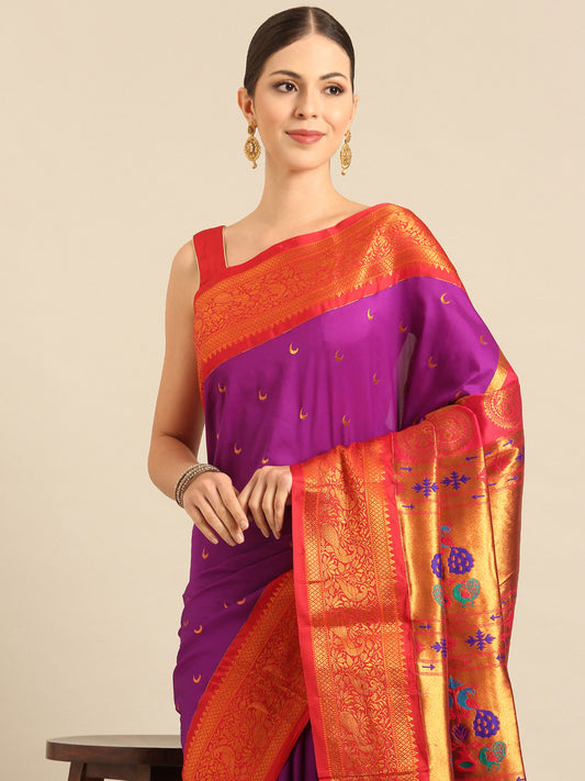 Chandani Purple & Red Soft Silk Chandrakor Paithani Saree