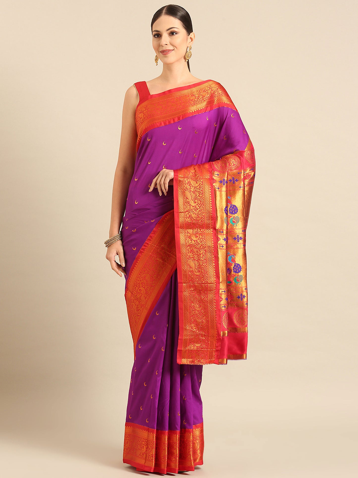 Chandani Purple & Red Soft Silk Chandrakor Paithani Saree