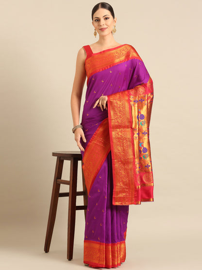 Chandani Purple & Red Soft Silk Chandrakor Paithani Saree