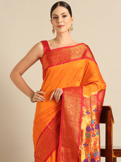 Chandani Orange & Red Soft Silk Chandrakor Paithani Saree