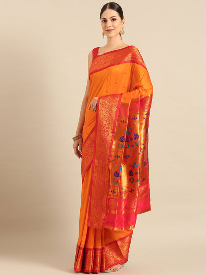 Chandani Orange & Red Soft Silk Chandrakor Paithani Saree