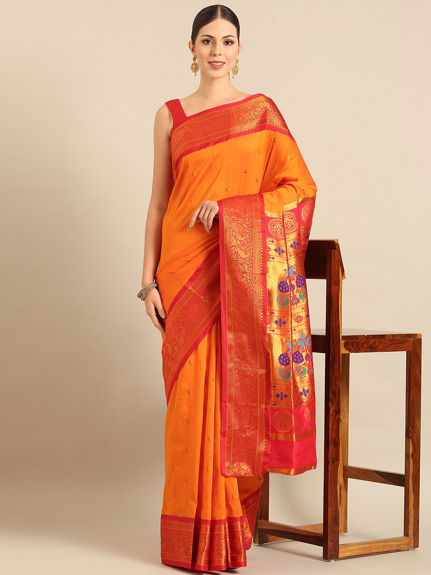 Chandani Orange & Red Soft Silk Chandrakor Paithani Saree