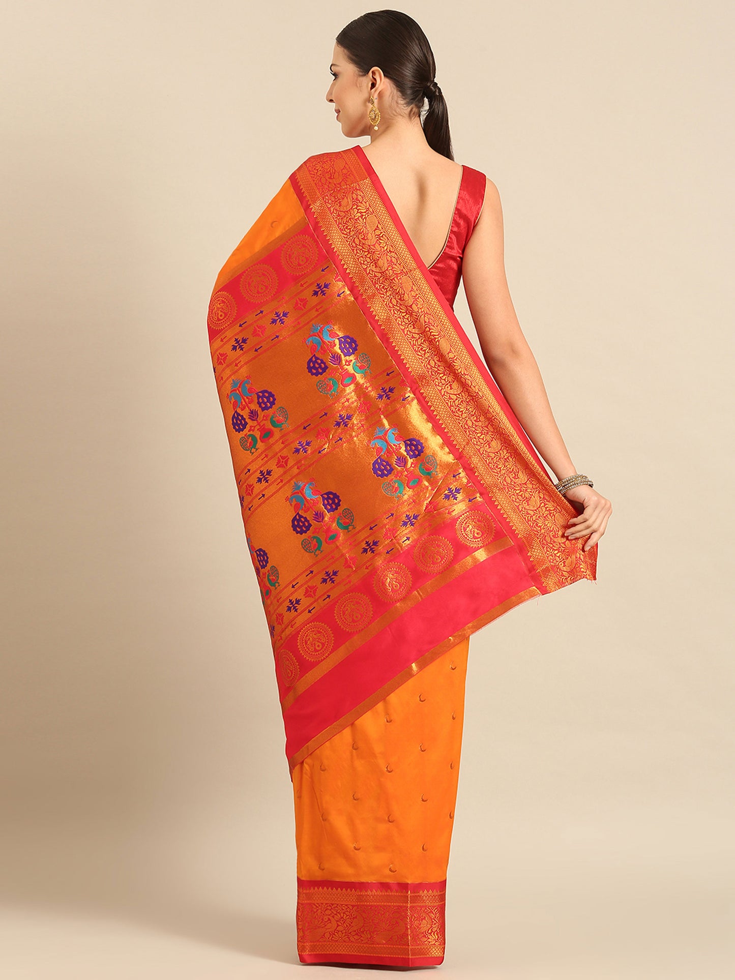 Chandani Orange & Red Soft Silk Chandrakor Paithani Saree