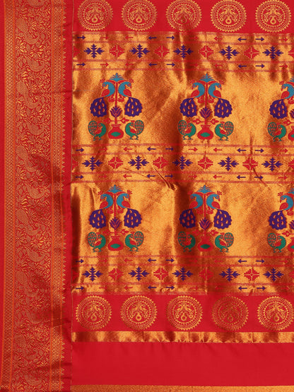 Chandani Orange & Red Soft Silk Chandrakor Paithani Saree