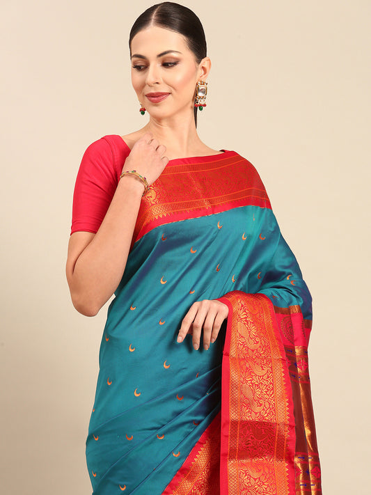 Chandani Rama & Red Soft Silk Chandrakor Paithani Saree