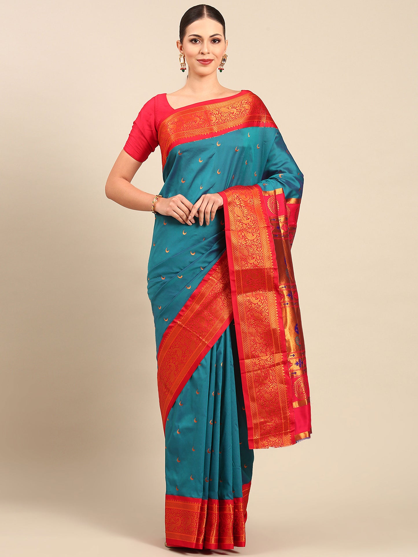 Chandani Rama & Red Soft Silk Chandrakor Paithani Saree