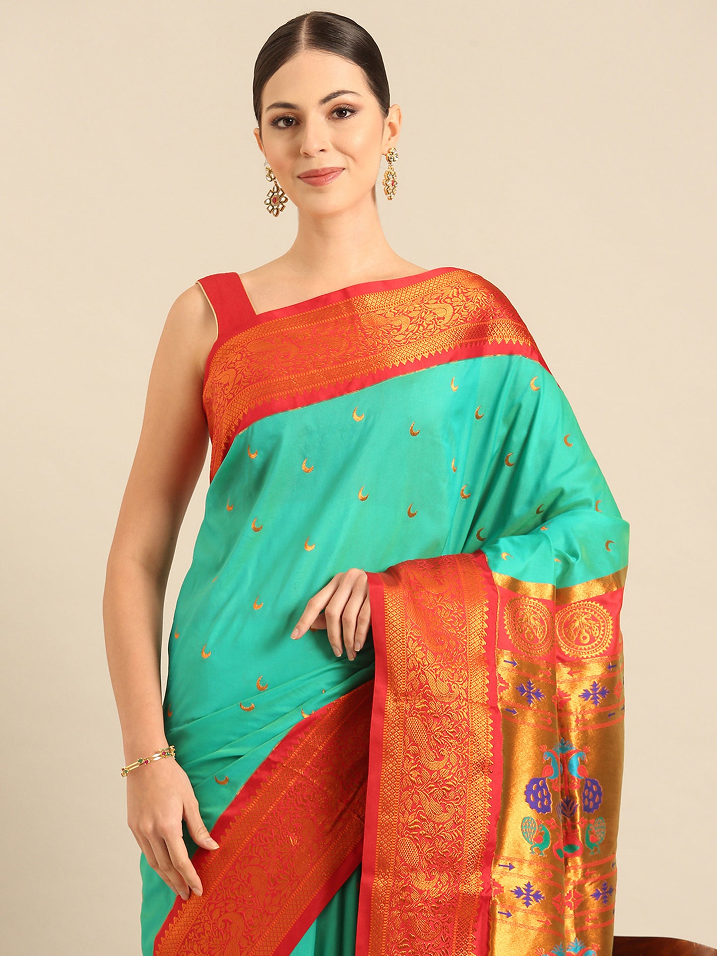 Chandani Sea Green & Red Soft Silk Chandrakor Paithani Saree