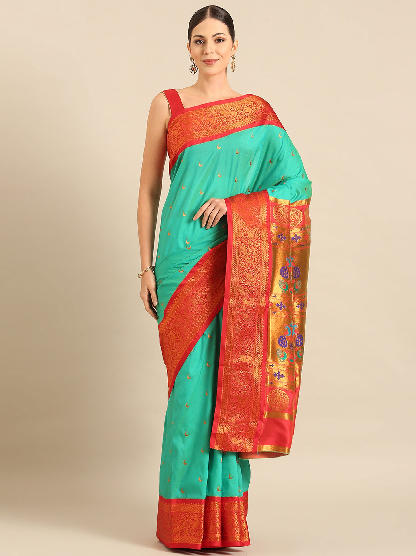 Chandani Sea Green & Red Soft Silk Chandrakor Paithani Saree