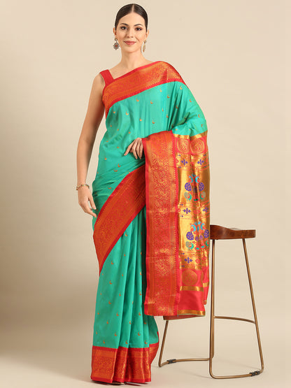 Chandani Sea Green & Red Soft Silk Chandrakor Paithani Saree