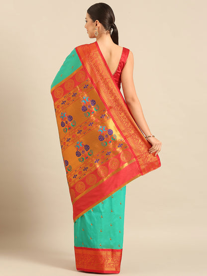 Chandani Sea Green & Red Soft Silk Chandrakor Paithani Saree