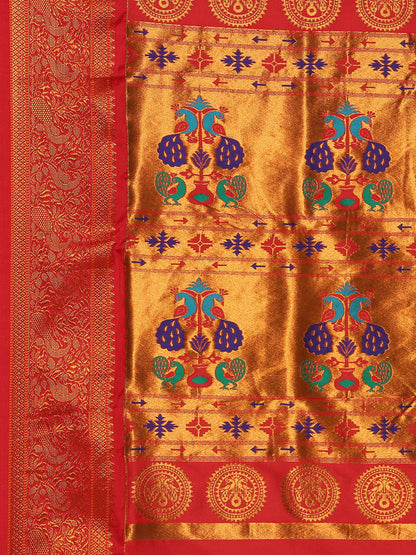 Chandani Sea Green & Red Soft Silk Chandrakor Paithani Saree