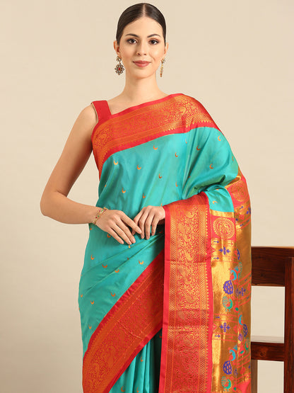 Chandani Chintamani & Red Soft Silk Chandrakor Paithani Saree