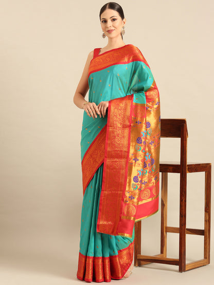 Chandani Chintamani & Red Soft Silk Chandrakor Paithani Saree