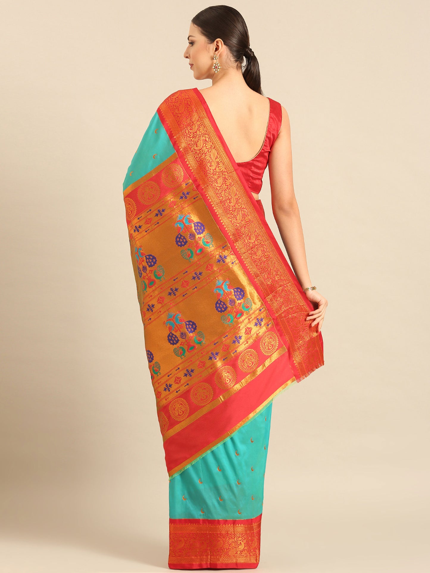 Chandani Chintamani & Red Soft Silk Chandrakor Paithani Saree