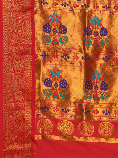 Chandani Chintamani & Red Soft Silk Chandrakor Paithani Saree