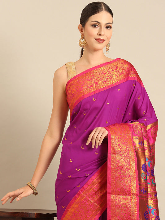 Chandani Purple & Pink Soft Silk Chandrakor Paithani Saree