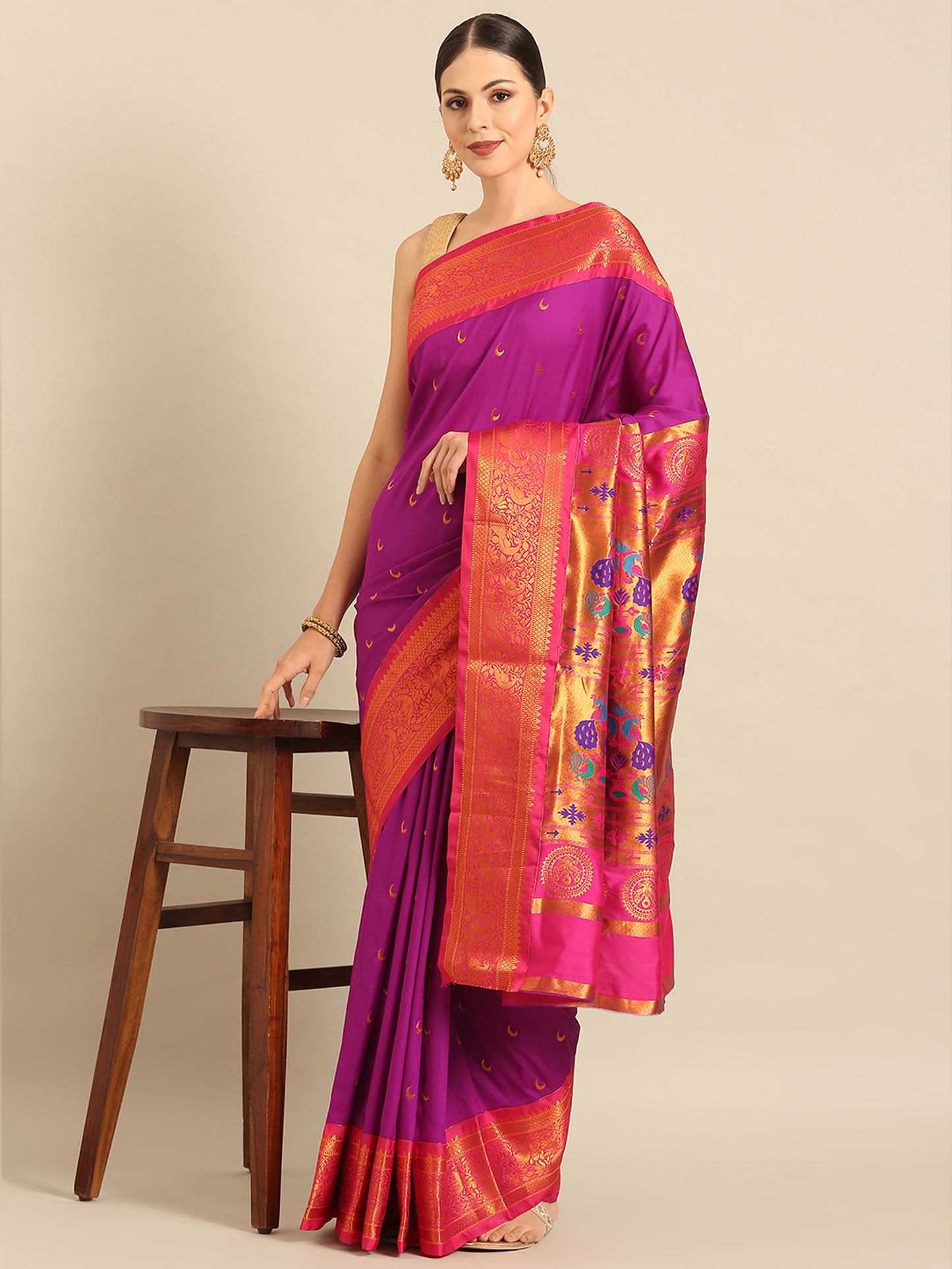 Chandani Purple & Pink Soft Silk Chandrakor Paithani Saree