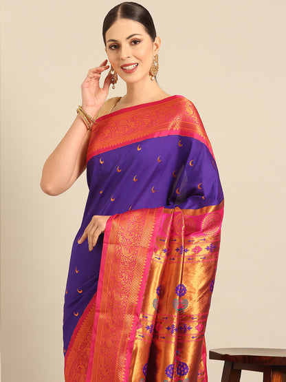 Chandani Indigo Blue & Pink Soft Silk Chandrakor Paithani Saree