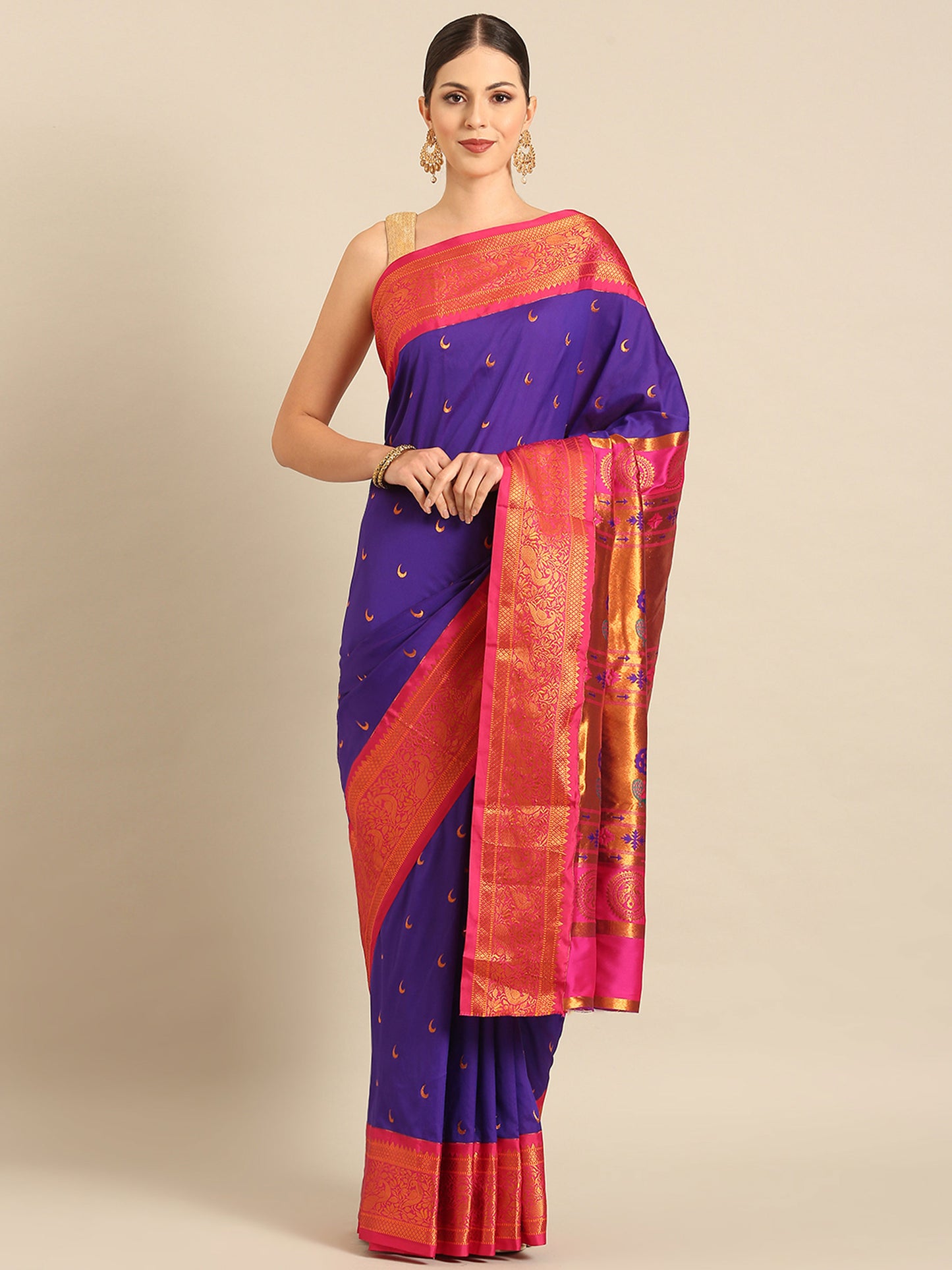 Chandani Indigo Blue & Pink Soft Silk Chandrakor Paithani Saree