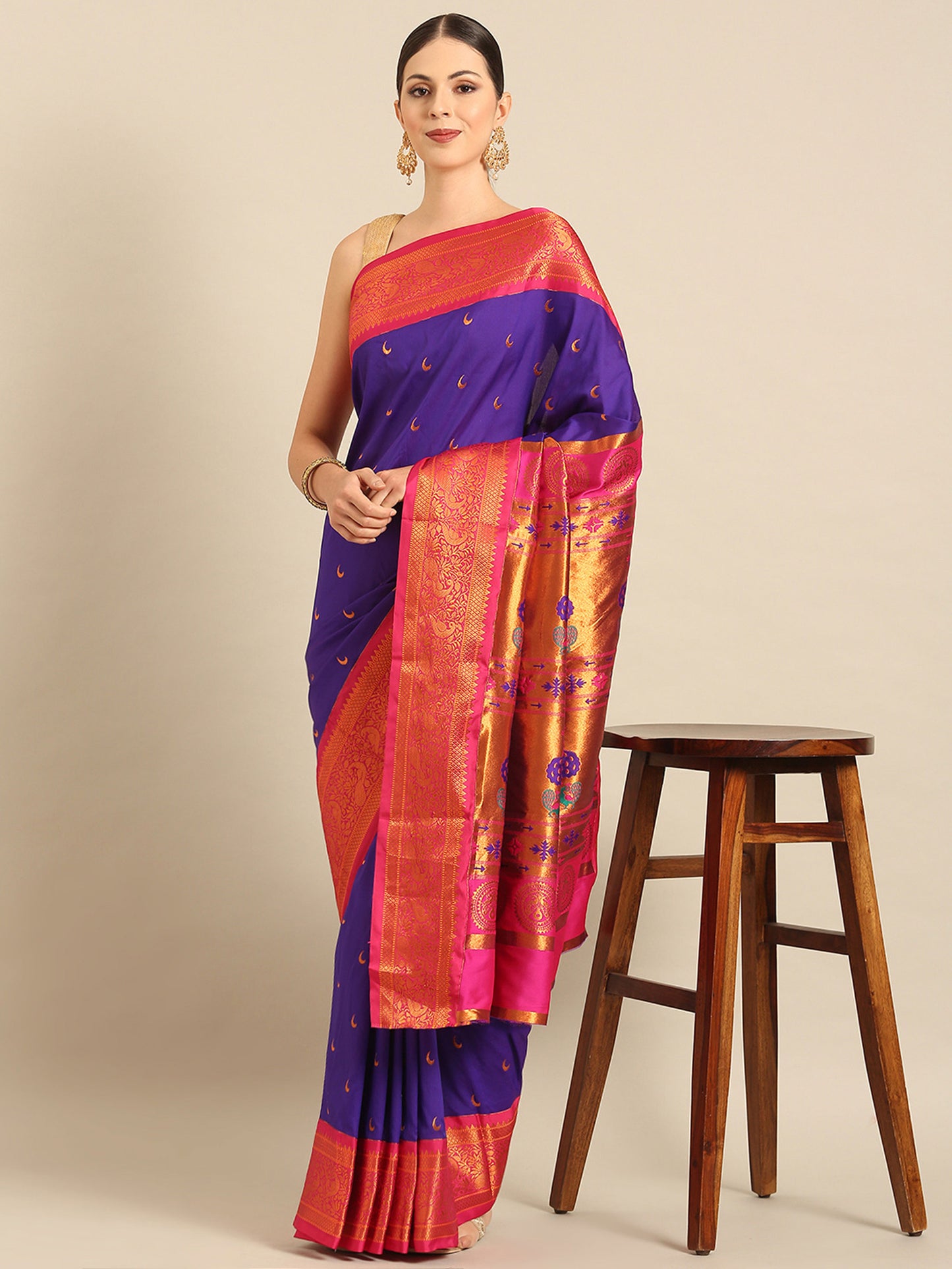 Chandani Indigo Blue & Pink Soft Silk Chandrakor Paithani Saree