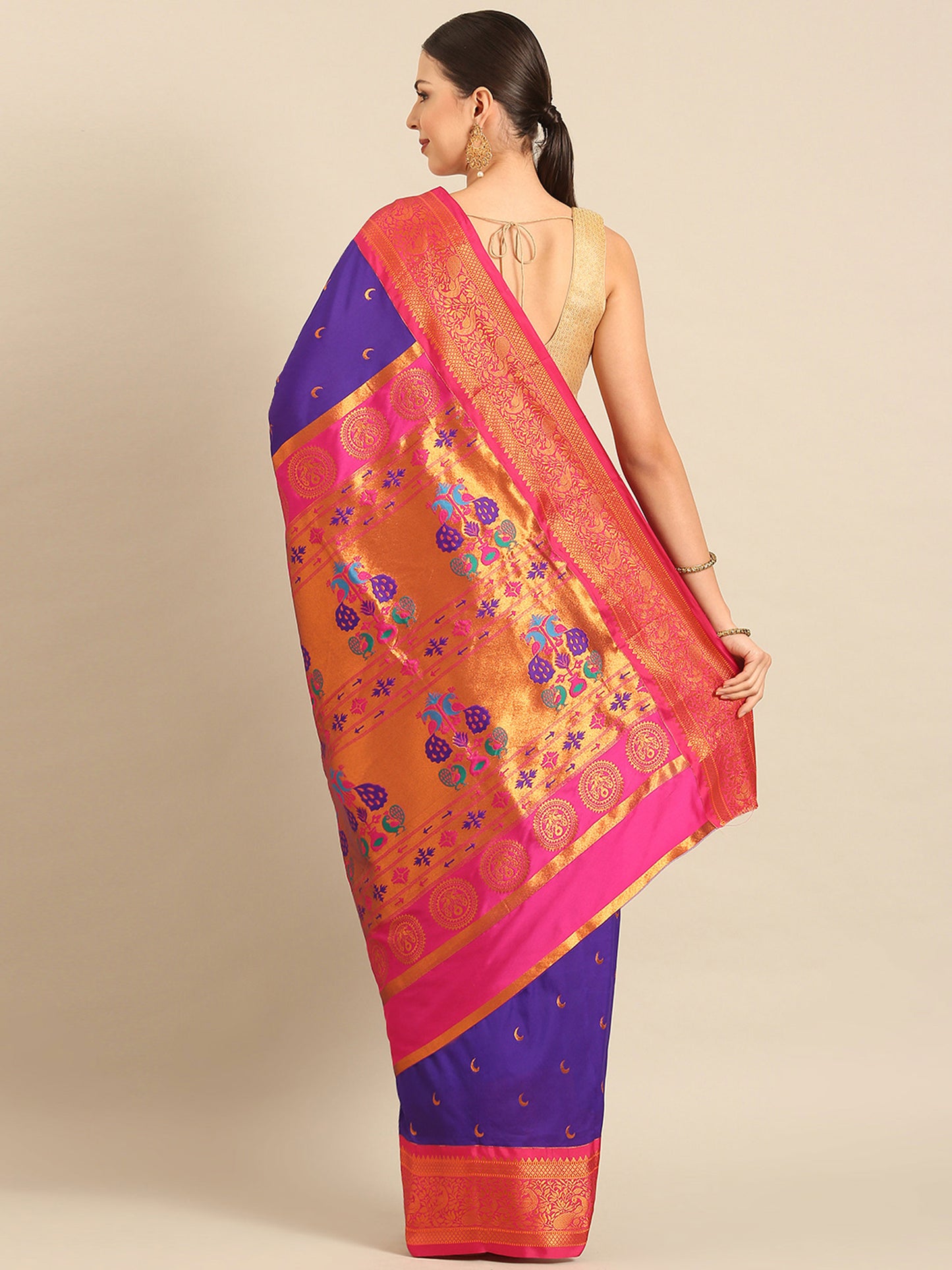 Chandani Indigo Blue & Pink Soft Silk Chandrakor Paithani Saree