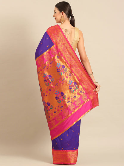 Chandani Indigo Blue & Pink Soft Silk Chandrakor Paithani Saree