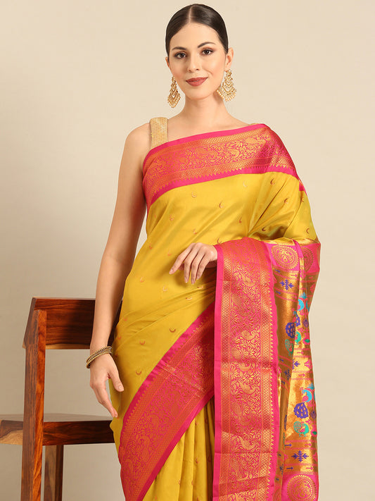 Chandani Mustard & Pink Soft Silk Chandrakor Paithani Saree