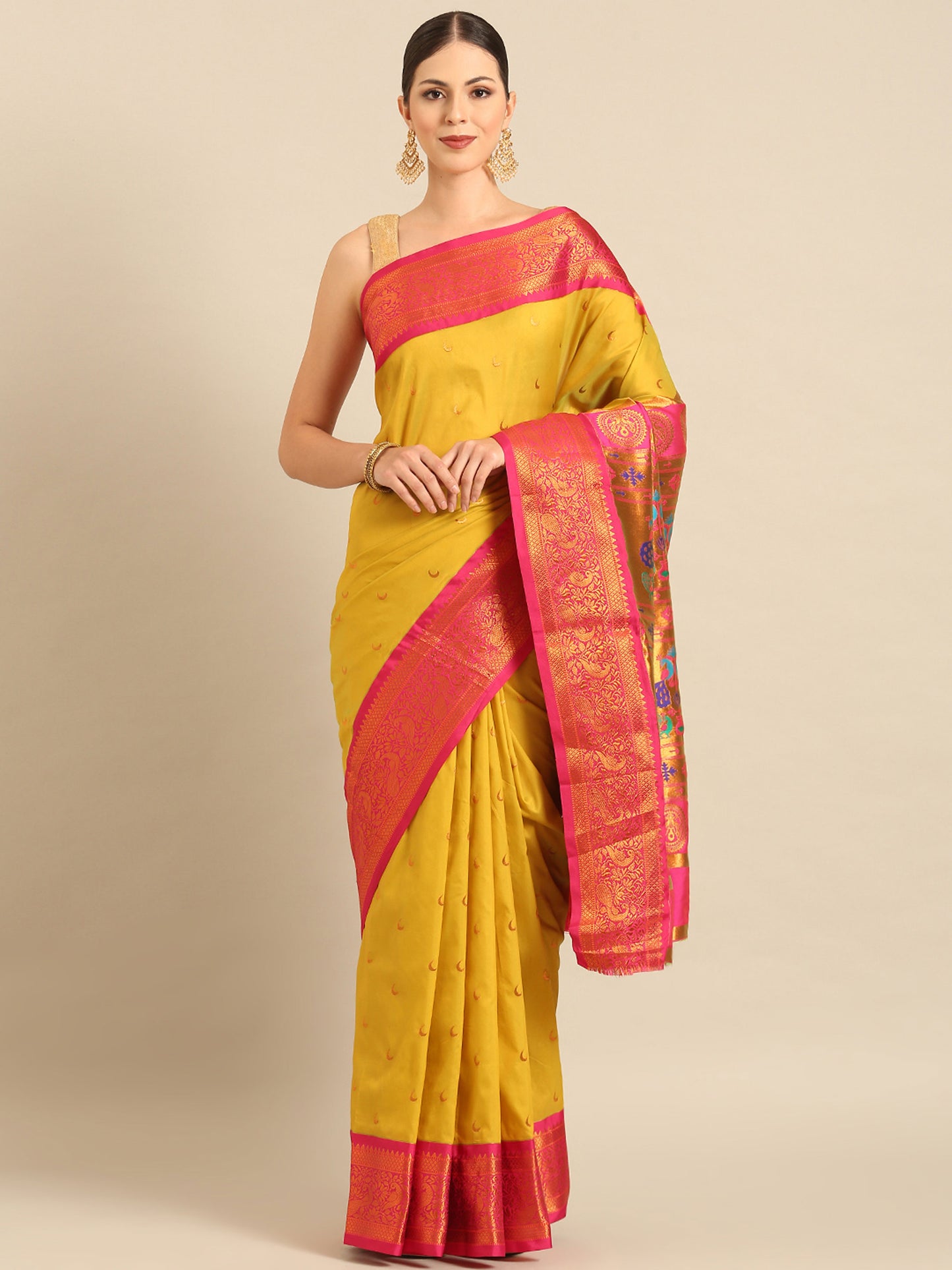 Chandani Mustard & Pink Soft Silk Chandrakor Paithani Saree