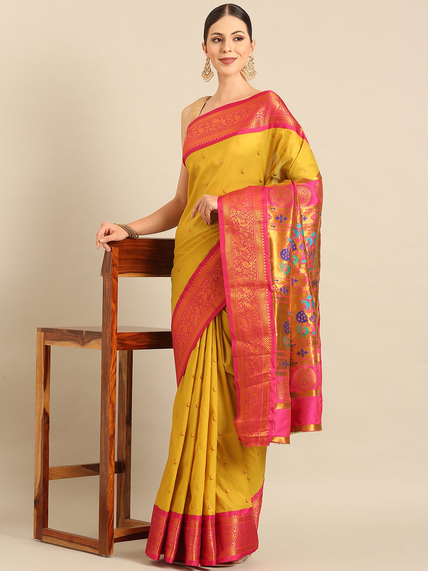 Chandani Mustard & Pink Soft Silk Chandrakor Paithani Saree