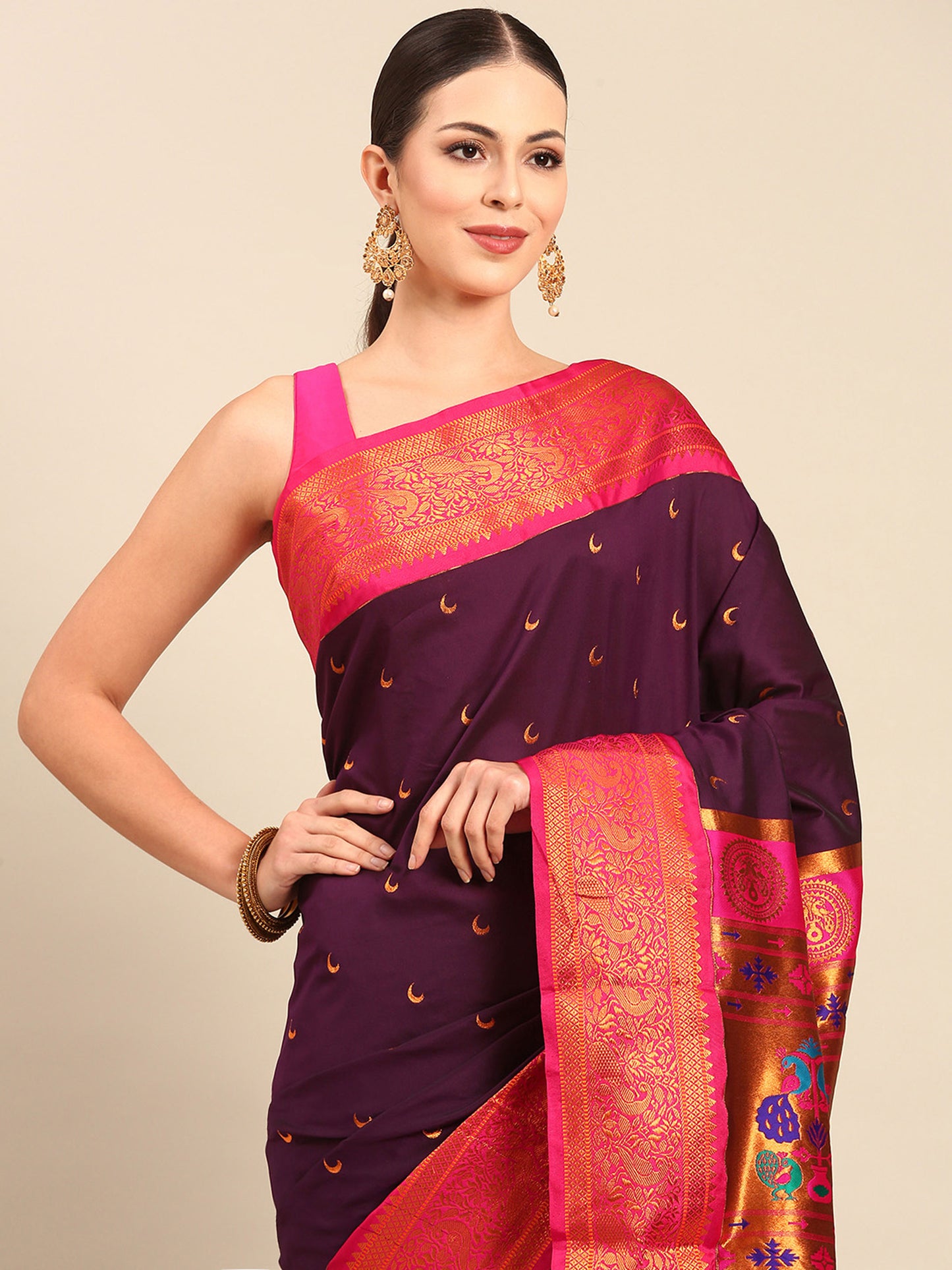 Chandani Maroon & Pink Soft Silk Chandrakor Paithani Saree