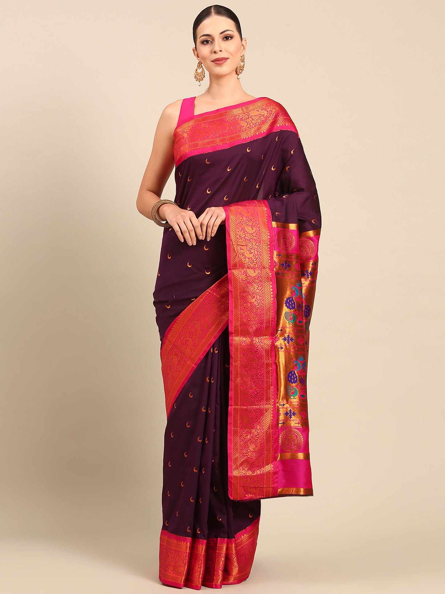 Chandani Maroon & Pink Soft Silk Chandrakor Paithani Saree