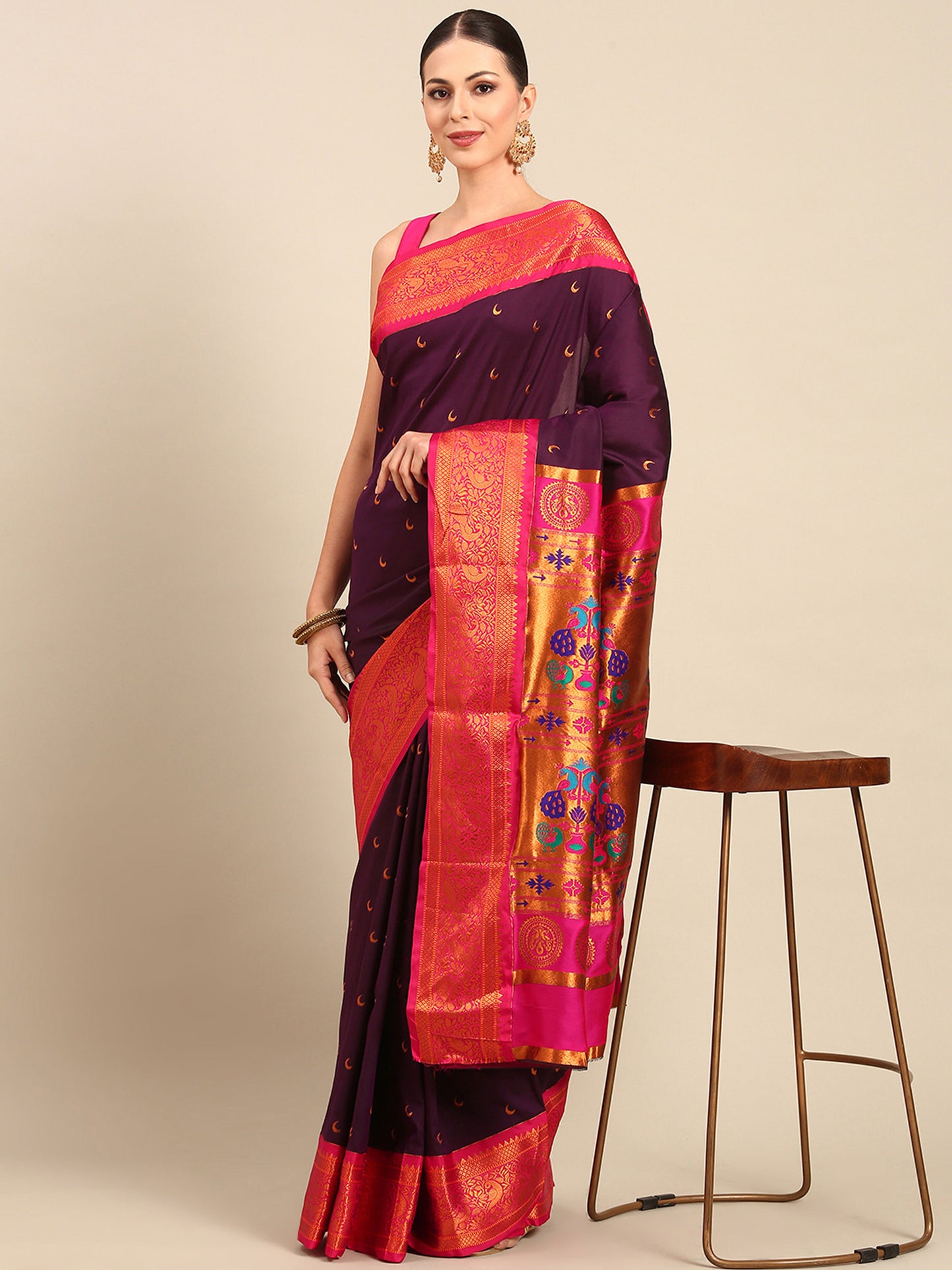 Chandani Maroon & Pink Soft Silk Chandrakor Paithani Saree