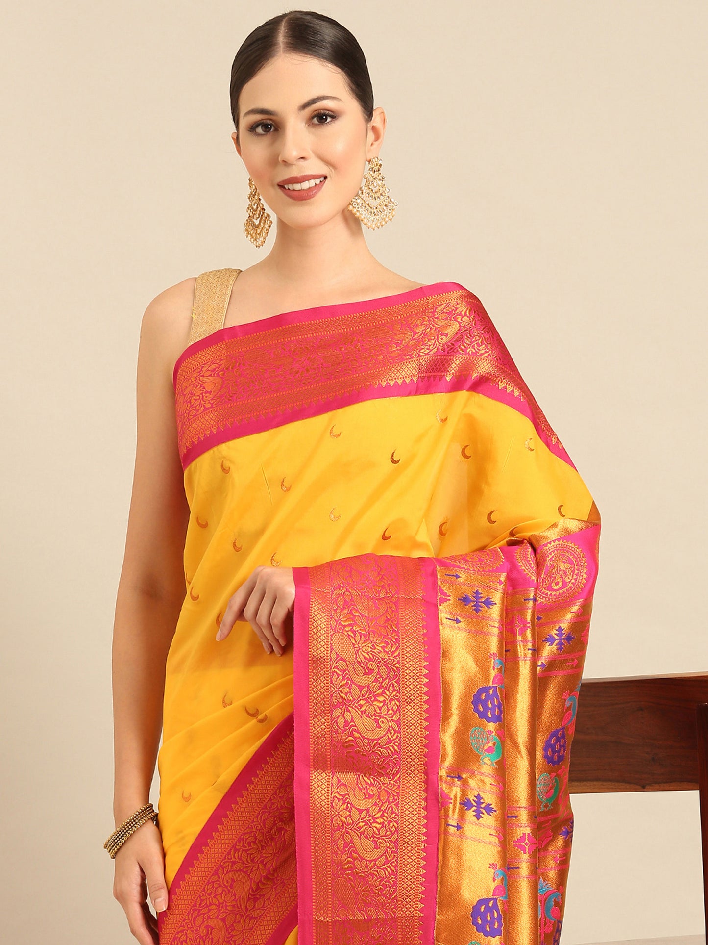 Chandani Haldi & Pink Soft Silk Chandrakor Paithani Saree