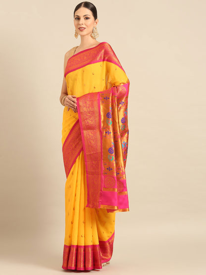 Chandani Haldi & Pink Soft Silk Chandrakor Paithani Saree