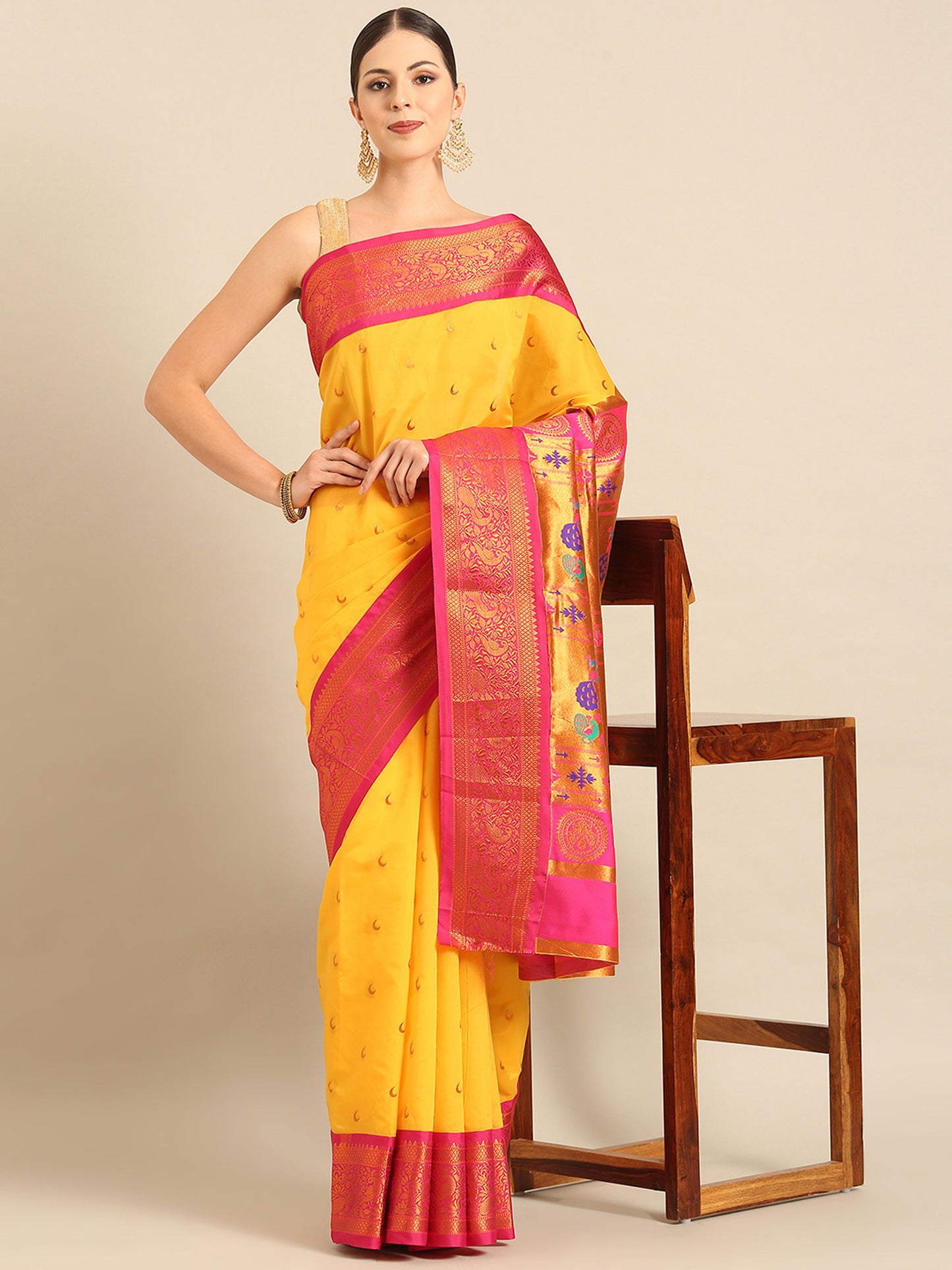 Chandani Haldi & Pink Soft Silk Chandrakor Paithani Saree