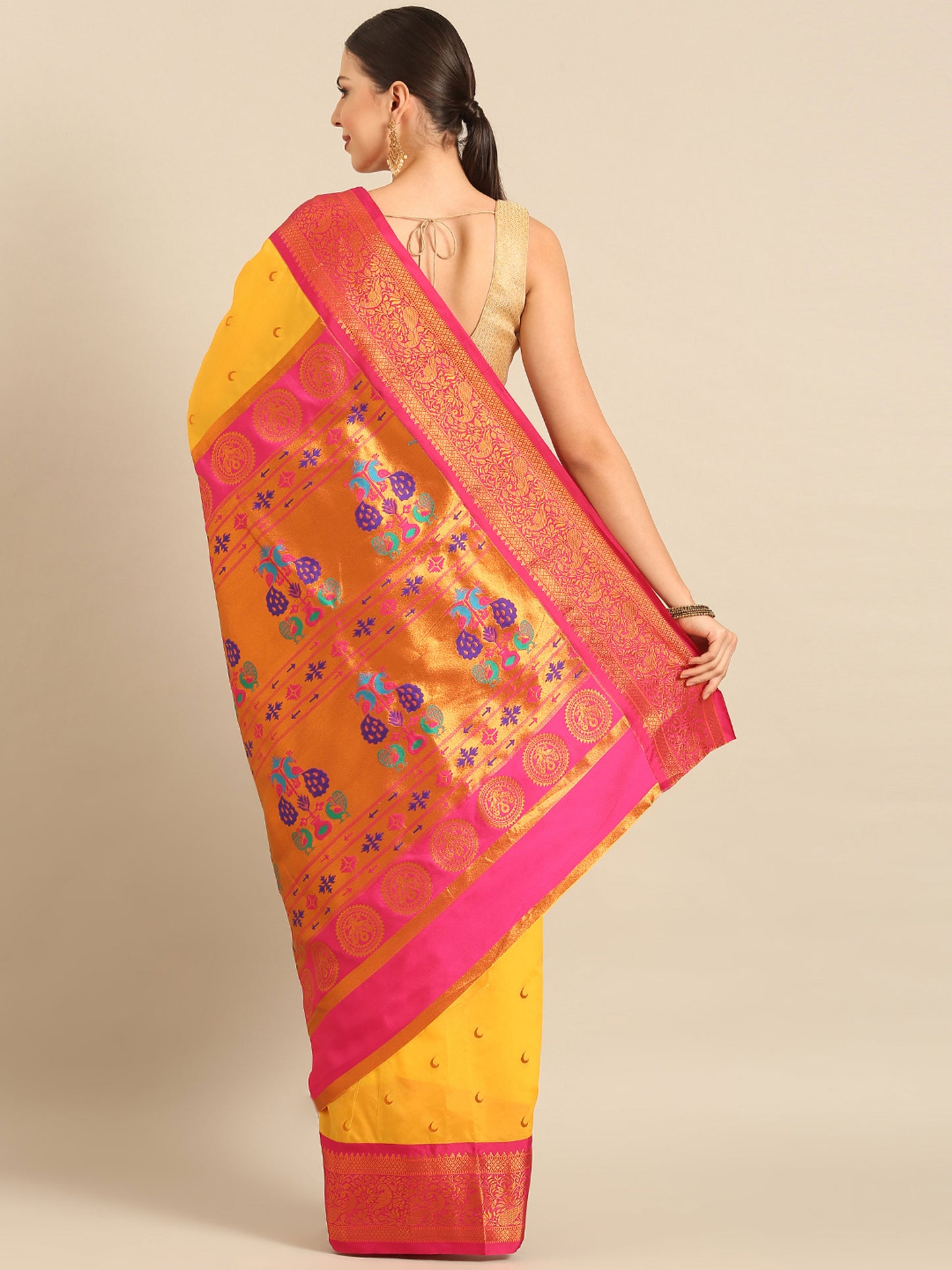 Chandani Haldi & Pink Soft Silk Chandrakor Paithani Saree