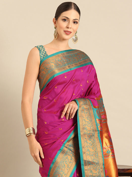 Chandani Magenta & Rama Soft Silk Chandrakor Paithani Saree