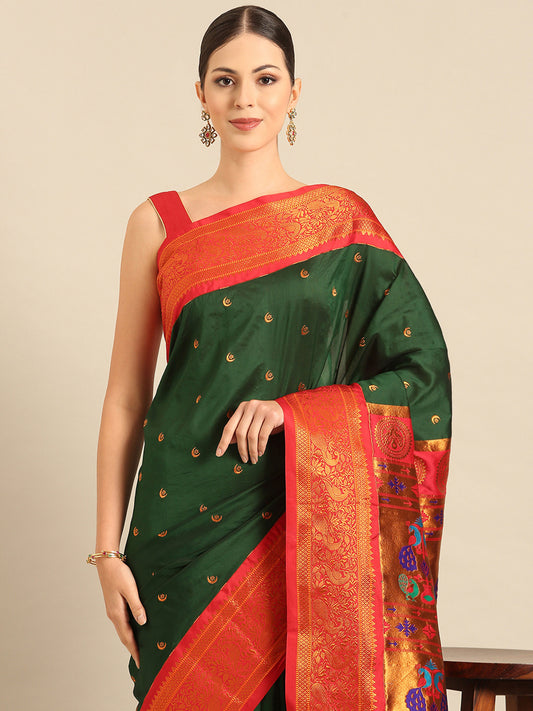 Chandrtara Bottle Green & Red Soft Silk Chandrakor Paithani Saree