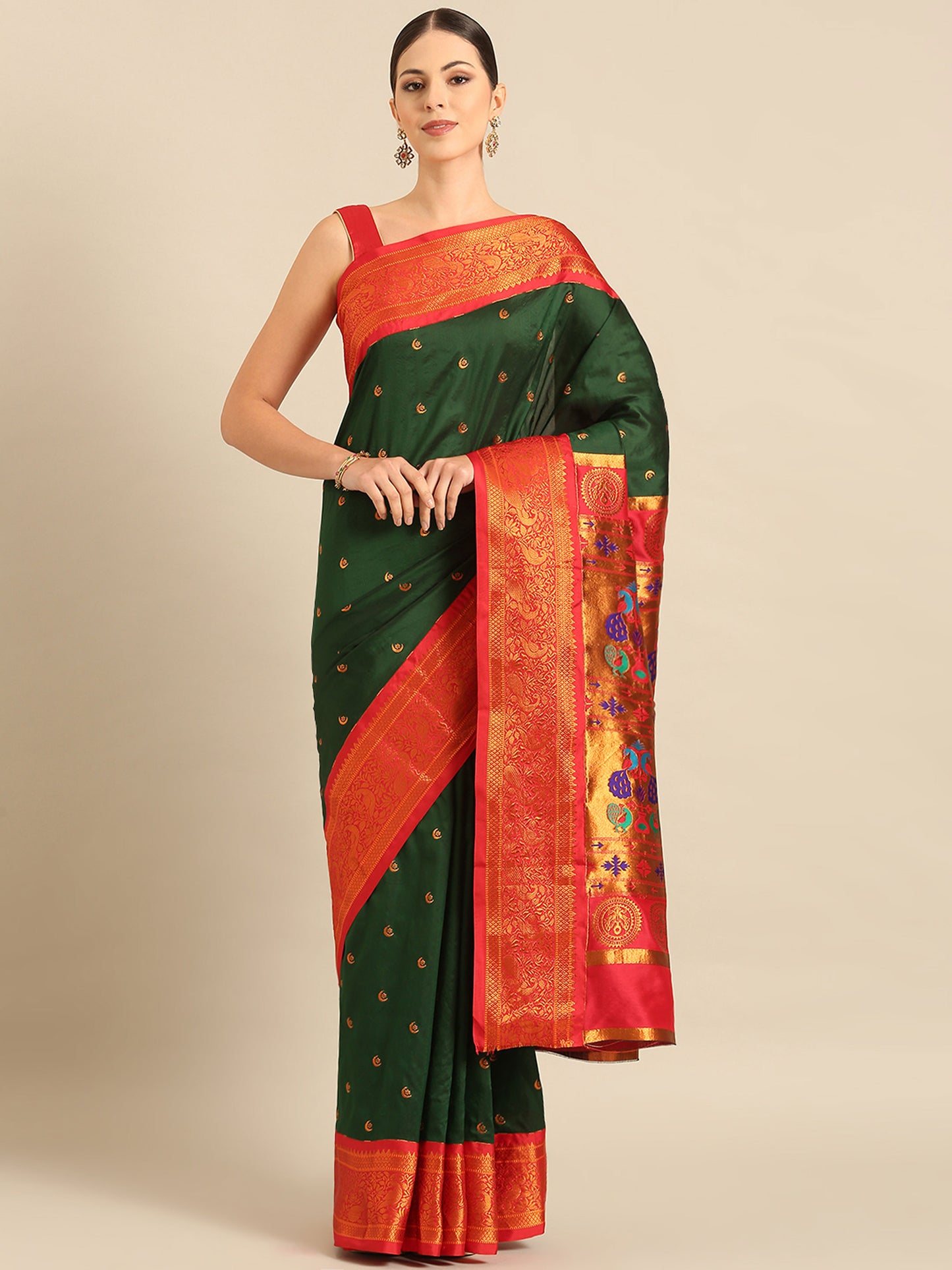 Chandrtara Bottle Green & Red Soft Silk Chandrakor Paithani Saree